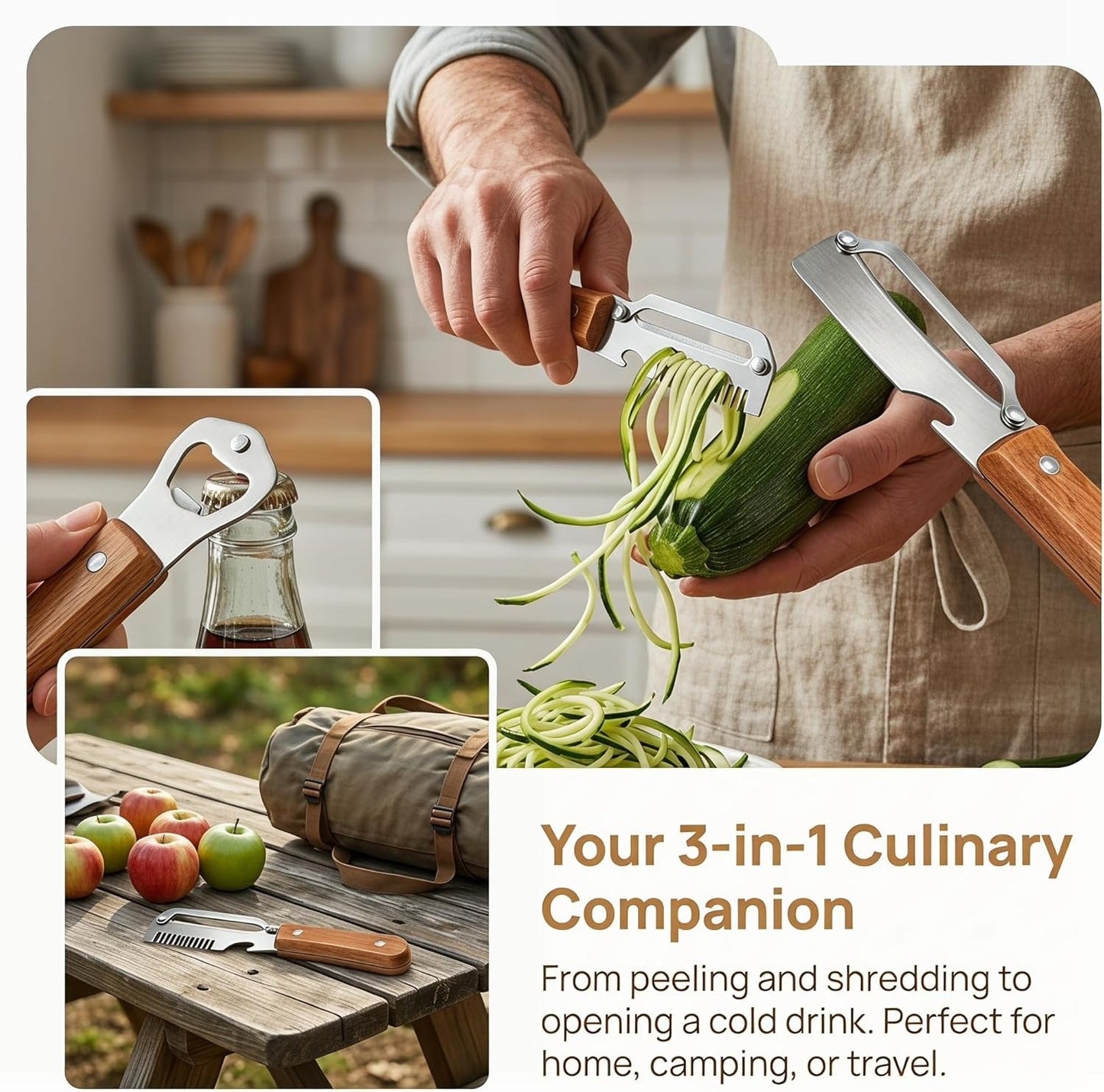 3-in-1 Wood Handle Peeler | Ultra-Sharp Blade + Scallion Shredder + Bottle Opener