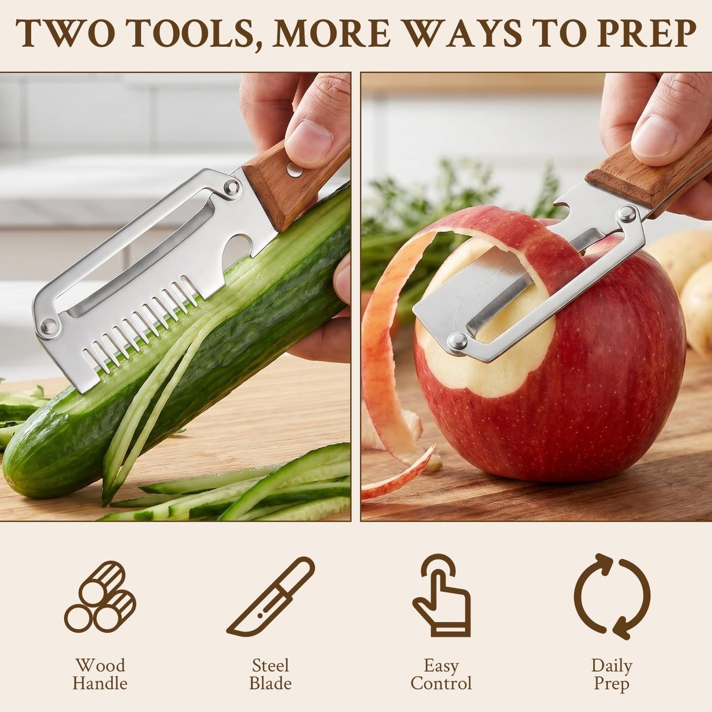 3-in-1 Wood Handle Peeler | Ultra-Sharp Blade + Scallion Shredder + Bottle Opener